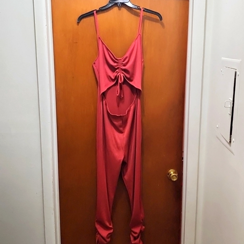 Asoph Plus Size Ribbed Knit Cut Out Jumpsuit rust color